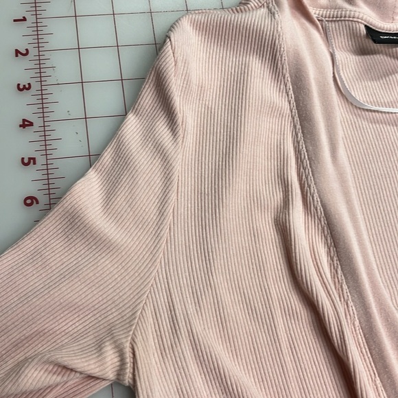 DKNY NWOT Open Front Ribbed Knit Long SLV Blush Pink 2 Pocket Cardigan Duster S - Picture 6 of 16